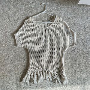 Cream fringe crochet short sleeved sweater